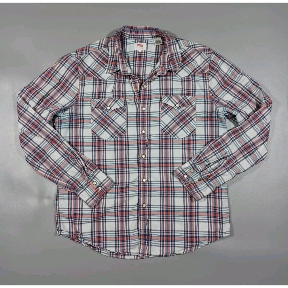 Levis Shirt Mens L White Blue Orange Plaid Western Long Sleeve‎ Pearl Snap